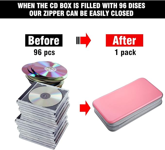DVD Case, Bivisen CD Case Holder Wallet Binder 96 Capacity CD/DVD Cases Storage Holder Binder Organizer Wallet Book for Car Home Travel (Light Pink)