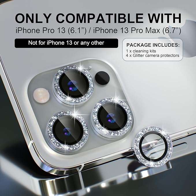 Choiche Compatible for iPhone 13 Pro/iPhone 13 Pro Max Camera Lens Protector Bling, 9H Tempered Glass Camera Cover Screen Protector Metal Ring Decoration Accessories (Glitter-Silver)