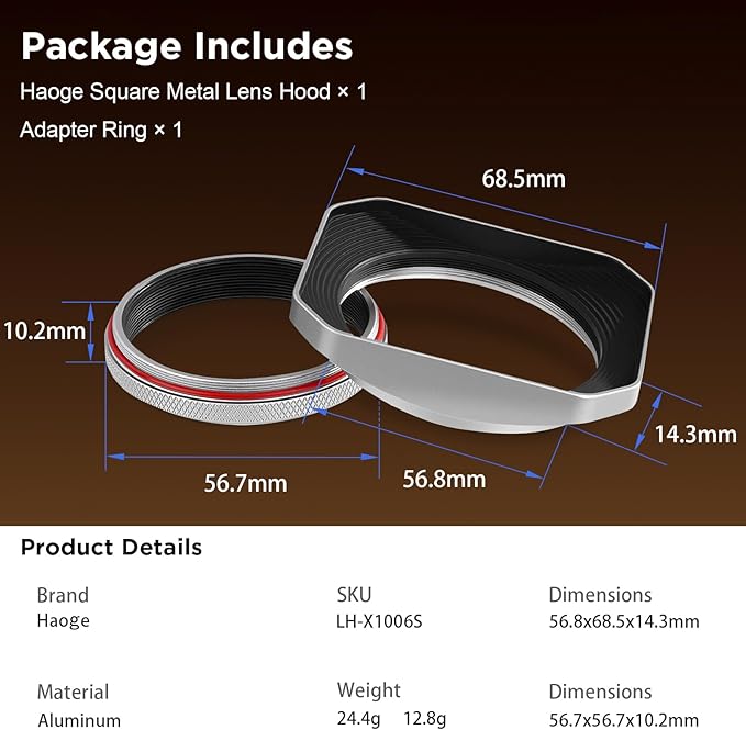 Haoge Square Metal Lens Hood for Fujifilm X100VI Fuji X100V X100F X100T X100S X70 Fuji Photo Camera Accessories Silver with 49mm Uv Filter Adapter Ring LH-X1006S