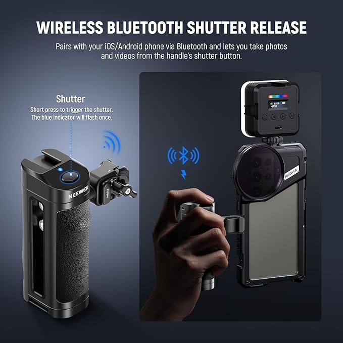 NEEWER Quick Release Side Handle with Bluetooth Remote Shutter Release, Cold Shoe, USB C Charging, Contoured Grip for Phone Cage Compatible with iPhone 16 Pro Max 15 Pro Max S24 Ultra, PA005E PRO