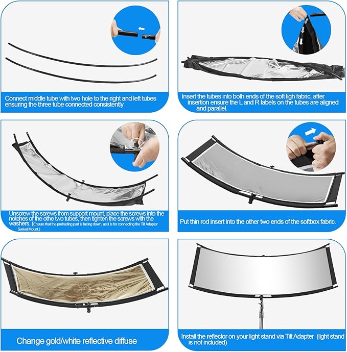 WELLMAKING Clamshell Light Reflector Diffuser with Carrying Bag, 71”×23”/180x60cm Photography Curved Lighting Reflector for Photo Studio Photography & Outdoor Lighting, Black/White/Gold/Silver Colors