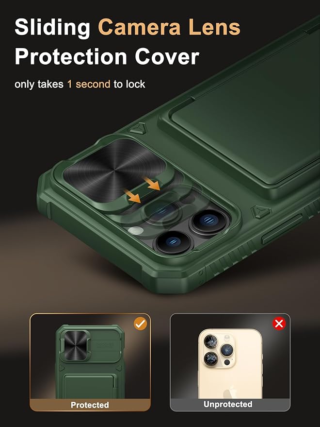 Vihibii for iPhone 13 Pro Max/iPhone 12 Pro Max Wallet Case, Built-in Card Holder (4 Cards), [RFID Blocking] & Slide Camera Cover, Military Grade Drop Protection, Silicone Soft Edge Phone Case, Green