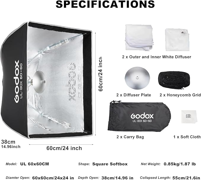 Godox 2pc Quick Release Softbox,UL 24"x24"/60x60cm Bowens Mount Square Soft Box with Grid,Diffuser,Carry Bag for Studio Strobe Flash Continuous Light,Outdoor Photography Video Recording,Live Streaming