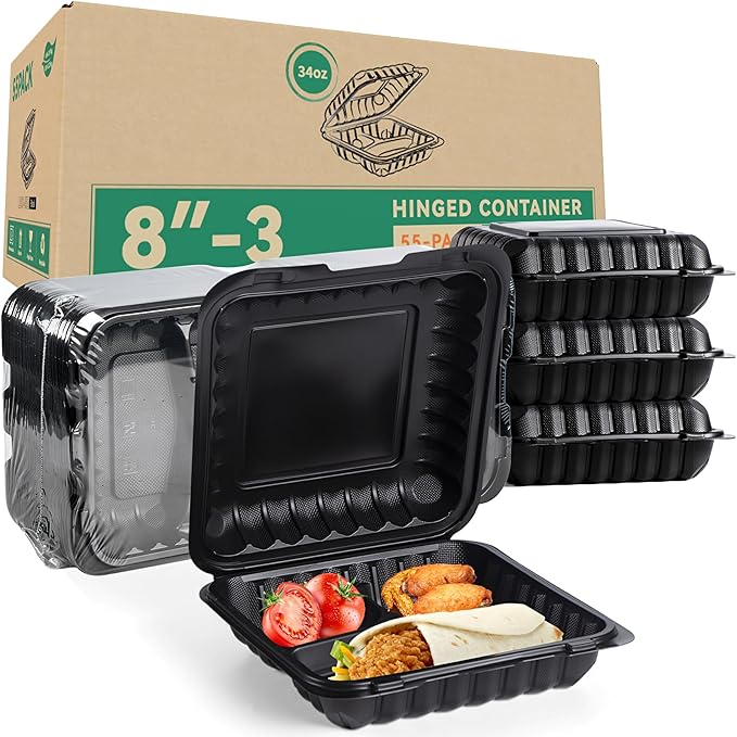 LEOBOX Food Containers Mineral Filled PP Plastic - 55 Pack 34oz 8 Inch | Shrink Wrap BPA Free Lunch Boxes | Freezer & Microwave Safe for Meal Prep | Black 3 Compartment Disposable Takeout Container