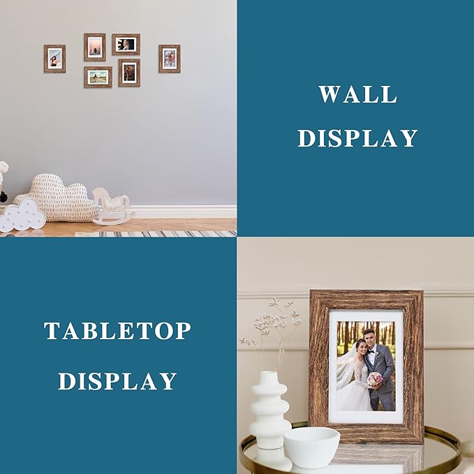 4x6 Picture Frame Set of 4, with Real Glass and Rustic Brown Wooden Frame, 4 by 6 Photo for Wall or Tabletop - Display Picture 3.5x5 with Mat or 4x6 Without Mat
