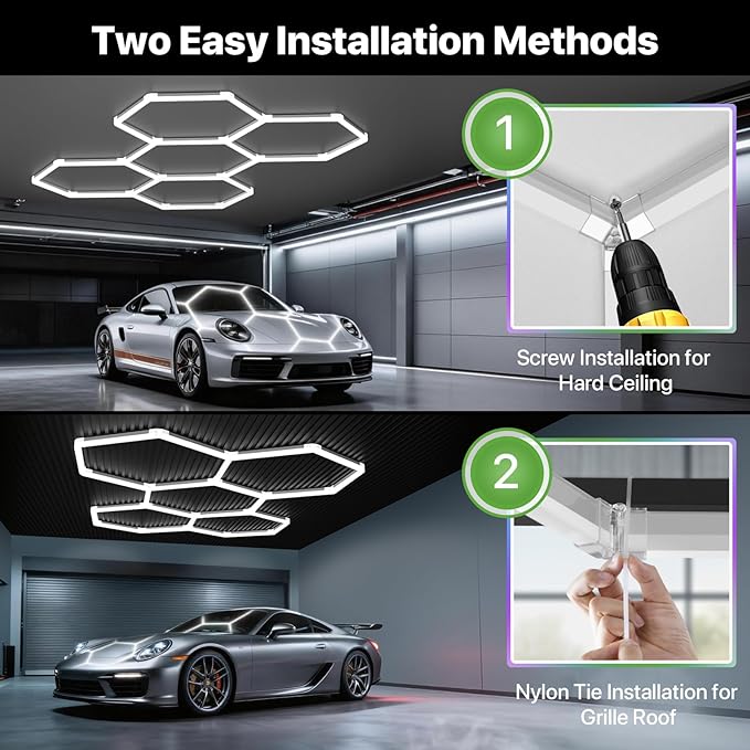 Glitgate Hexagon LED Garage Light, 168W 18480LM 5-Grid Honeycomb Hex Lighting System, 6500K Ultra Bright Ceiling Light for Garage, Car Detailing Shop, Workshop, Basement, Gym