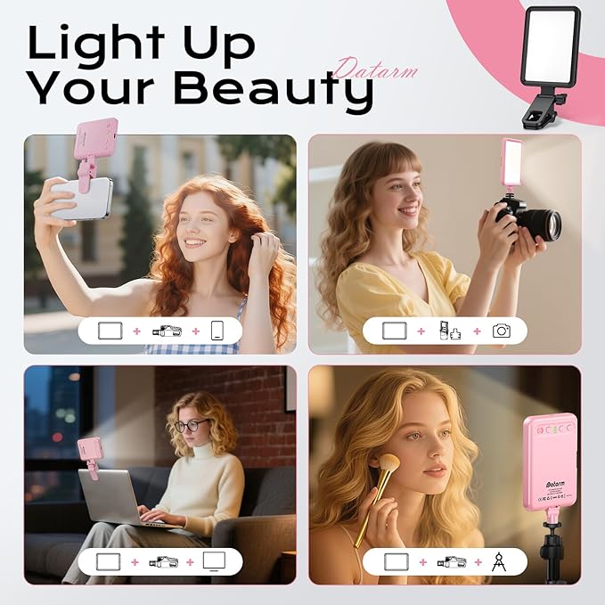 Rechargeable Soft Selfie Light for Phone, Camera, Laptop, 4-14H Battery Portable LED Light for Pictures, Phone Light Clip for Selfie, Vlog, TikTok, Makeup, Video Conference Pink