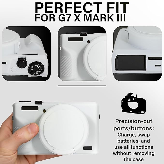 STSEETOP Camera Case for Canon PowerShot G7X Mark III - Protective Silicone DSLR Skin with Lens Cover, Detachable Cage, Shockproof, Dustproof (White)