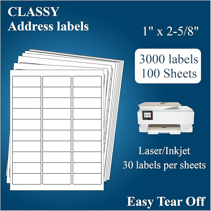 1" x 2-5/8" Address Labels, 3000 Labels(100 Sheets)- for Laser/Inkjet Printer, Sticker Paper White 30 per Sheet