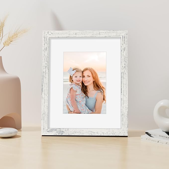 Vittanly 8x10 Picture Frame, Made of Solid Wood and Shatterproof Plexiglass, Display Pictures 5x7 with Mat or 8x10 without Mat, Wooden Photo Frame for Wall or Tabletop, Distressed White, 1 Pack