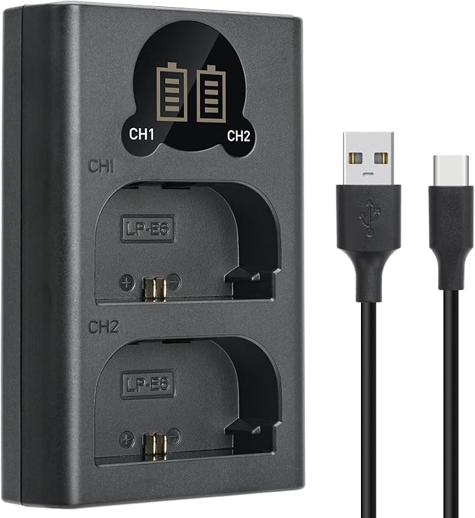 Kimaru LP-E6 Battery Charger, Double Slot LC-E6 Charger for Canon EOS R5, R6, R6 Mark II, R7, 90D, 80D, 70D, 60D, 5D 6D 7D Mark II Cameras.