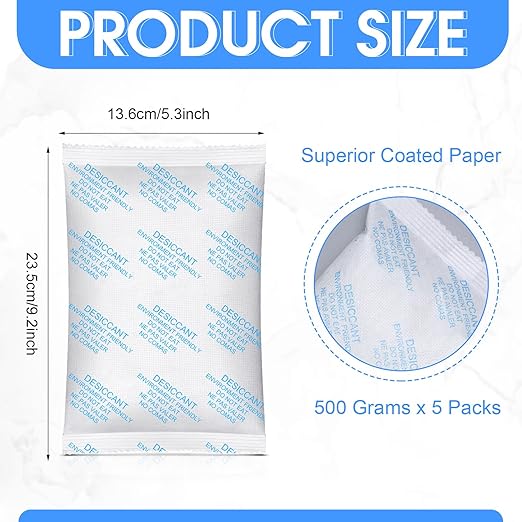 5 Pack 500 Gram Silica Gel Packets Desiccant Packs for Storage Food Safe Moisture Absorber Packs for Spices Jewelry Clothes Shoes Electronics Seeds Safes, Etc