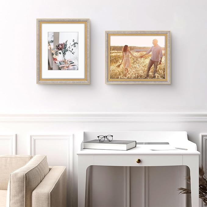 Golden State Art,11x14 Ornate Picture Frame for 8x10 Photo with Mat or 11 x 14 Prints Without Mat, Real Glass Wall Display Horizontally or Vertically (Color:Antique Gray Gold)