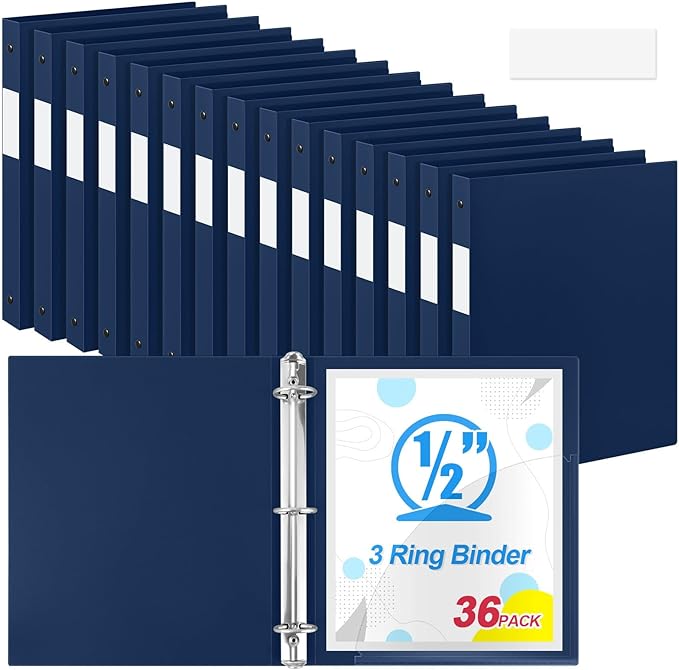 Henoyso 36 Pcs 3 Ring Binder 1/2'' Round Fits Letter Size 8.5'' x 11'' Paper Plastic Flexible Binder Holds 140 Sheets with 1 Pockets Versatile Organizer for Home Office School (Navy Blue)