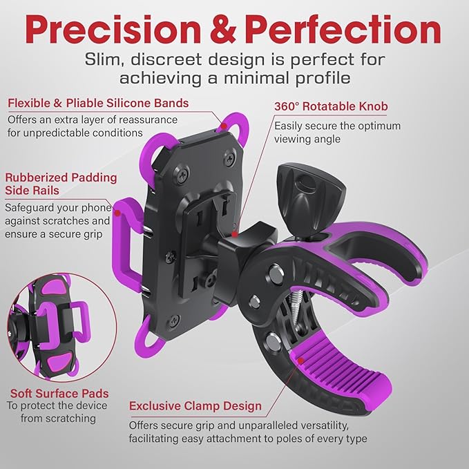 Crescendo CR-30 SlimClip Mic Stand Phone Holder, iPhone Clamp Mount, Pole Phone Mount, Microphone, Music or Drum Stand, Mic/Phone Clip - for iPhone, Samsung Galaxy, Pixel, Any Smartphone (Purple)