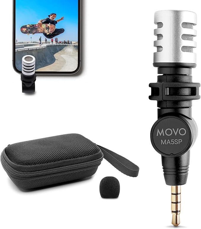 Movo MA5SP 3.5mm TRRS Shotgun Microphone for iPhone or Android Devices - Omnidirectional Phone Microphone with 180° Rotation - Mini Travel Smartphone Microphone for Video, Vlogging, Interview, Travel