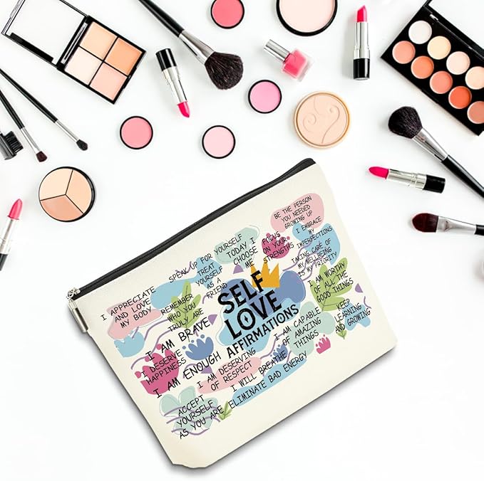 2PCS Positive Affirmations Makeup Bag Self Love Gifts Mental Health Inspirational Gifts for Women Girl Sister the Counselor Coworker Birthday Friendship Graduation Travel Toiletry Cosmetic Bag