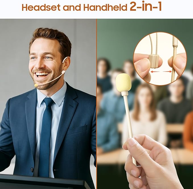 Wireless Headset Microphone, UHF Skin Tone Head Mic Speaker System, Beige Professional Voice Amplifier Microphones, with 164ft Range, Ideal for Teachers Tour Guides Fitness Coaches Conferences