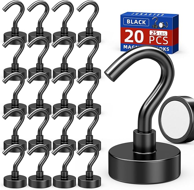 Junarter 20 Pack Magnetic Hooks, 30lbs Magnet Hooks for Cruise Cabins, Black Strong Magnetic Hooks Heavy Duty, Magnets with Hooks, Metal Magnetic Hook for Hanging, Hook Magnets for Home Decor
