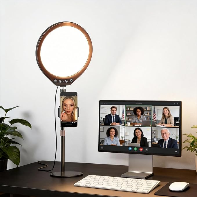 10W 12" Ring Light with Desk Stand & Phone Holder, Dimmable 360° Rotatable LED Full Screen Computer Lamp for Zoom Meetings, Streaming, Gaming, TikTok,YouTube,Videos with Night Light Mode