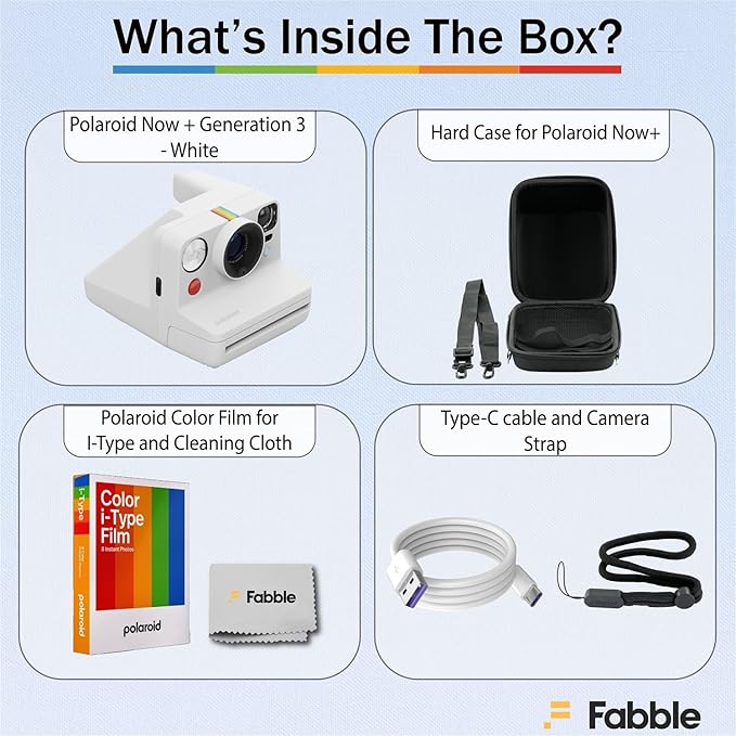 Polaroid Now+ Generation 3 I-Type Instant Film Camera (White) Bundle with Polaroid Color I-Type Film (8 Exposures), Hard Protective Case and USB-C 6 ft. Cable