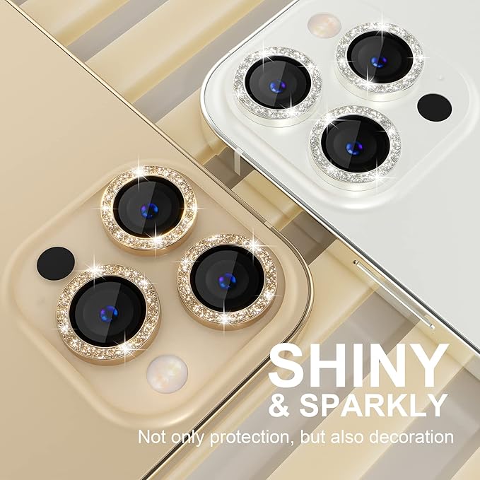 Choiche Compatible for iPhone 13 Pro/iPhone 13 Pro Max Camera Lens Protector Bling, 9H Tempered Glass Camera Cover Screen Protector Metal Ring Decoration Accessories (Glitter-Gold)