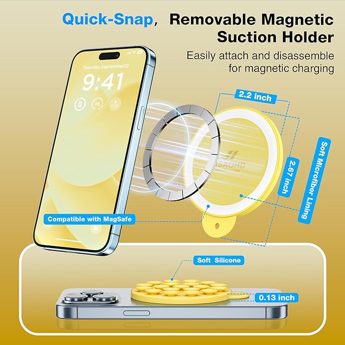 Magnetic Suction Cup Phone Mount, Compatible with MagSafe, Silicone Octo Cup Buddy Sticky Grip Holder for iPhone and Android, Removable Hands-Free Phone Stand Selfie/Video for TikTok, Yellow