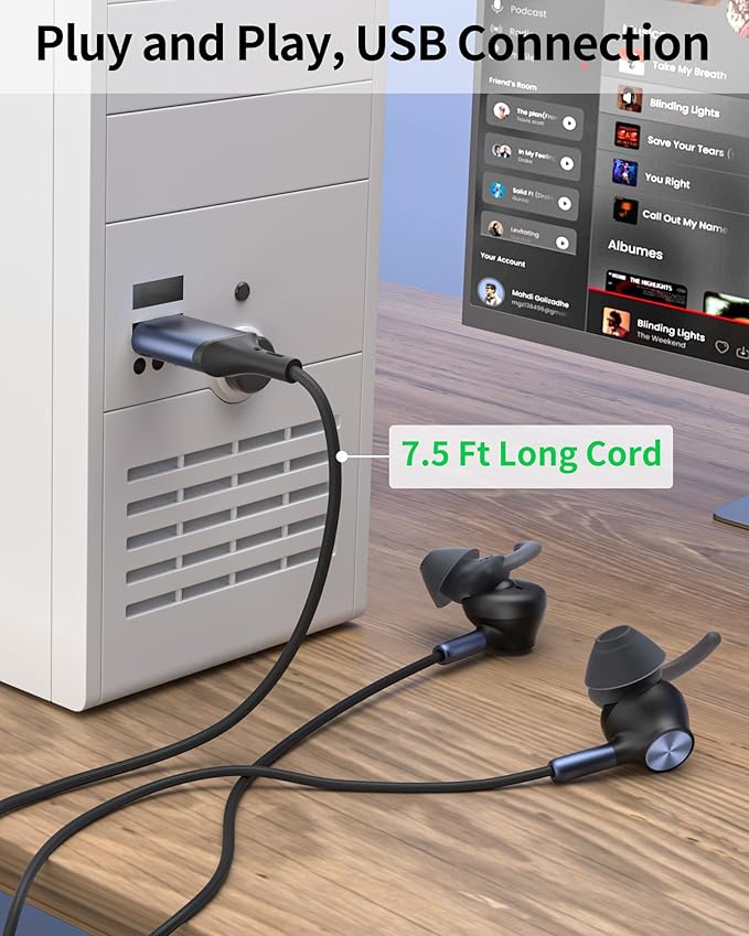 USB Earbuds with Microphone for PC Laptop,Wired USB A Headphones with Mic& Earfins Hook for Computer Office Work,7.5ft Noise Canceling Stereo Computer Headset for Dell/HP/Chromebook Game School,Black