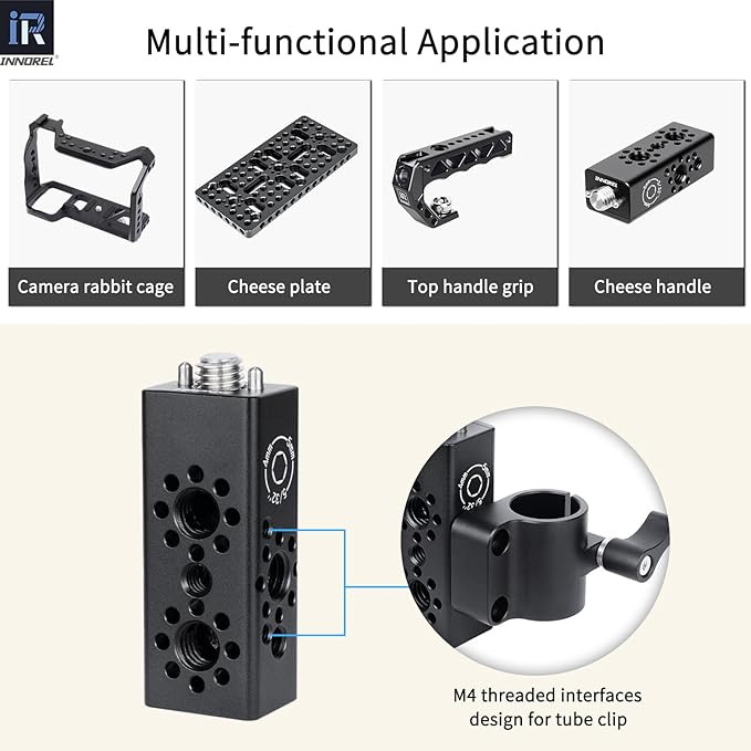 INNOREL CB2 CNC Aluminum Alloy Multi-Function Cheese Handle, Cheese Grip Extension Bar, Featuring 3/8" and 1/4" Arri Locating Holes for Camera Cage Frames, DIY Video Rigs, Any 3/8" Threaded Point