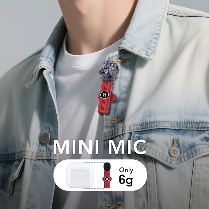 USB C Mini Wireless Lavalier Microphone for iPhone 15 16, iOS and Android Devices - Noise Reduction Lapel Mic for Recording, Clip Omni Lav Mic for Video Recording, Tiktok, YouTube, Vlog (Red)