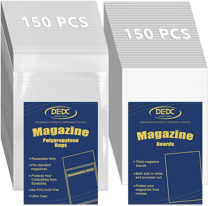 DEDC Magazine Bags and Boards 150 Pack - Heavy Duty 3.5 Mil Resealable Magazine Protector Sleeves with Rigid Acid-Free Backing Boards - Archival Clear Storage for Comics, Magazines & Collectibles