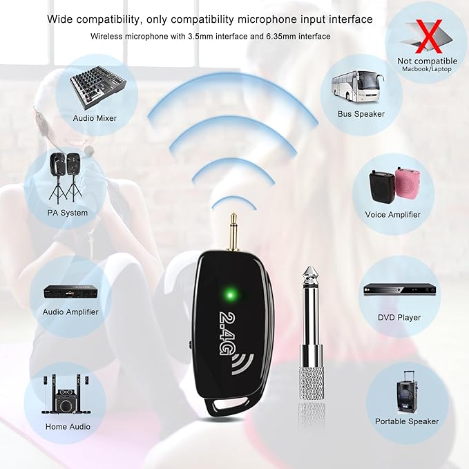 Wireless Microphone Headset MIC Cordless: 2.4G Wireless Head MIC and Handheld Mic 2 in 1-160 FT Range with 1/8''&1/4'' Plug for PA System,Voice Amplifier, Fitness Trainer, Teacher, Singing