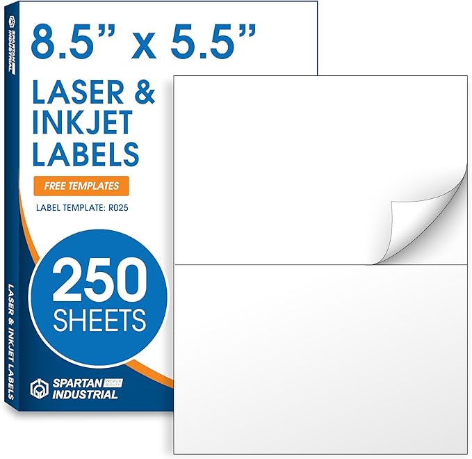 8.5" X 5.5" Matte White Printable Half Sheet Shipping Labels (250 Sheets, 500 Stickers) Mailing and Address Labels for Laser & Inkjet Printers - Spartan Industrial Template R025
