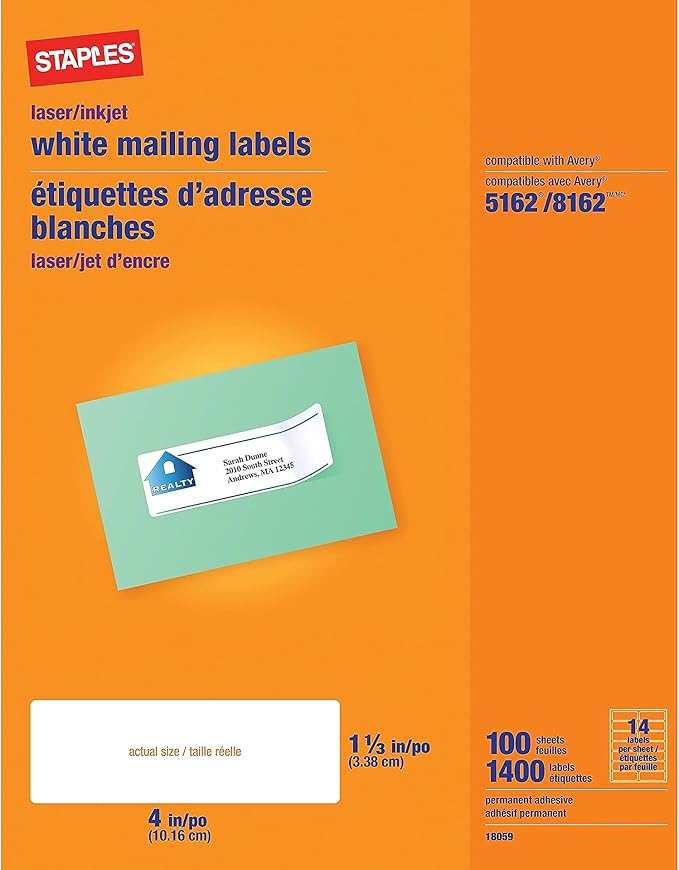 Staples 1-1/3" x 4" Address Labels, White – Printable Laser & Inkjet Mailing Labels, 14 Labels per Sheet