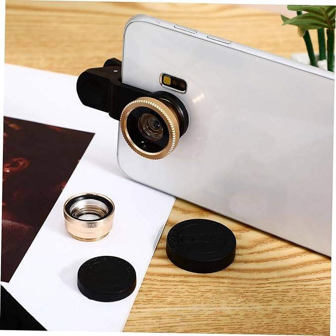 Mikikit Universal Portable Cell Phone Camera Lens Kit Super Wide Angle Macro Fisheye Clip Lens Golden Compatible Smartphones