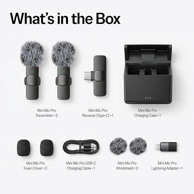 Mini Mic Pro (Latest Model - Wireless Microphone for iPhone, iPad, Android, Lavalier Microphone for Video Recording - iPhone Mic Crystal Clear Recording with USB-C (with Charging Case)