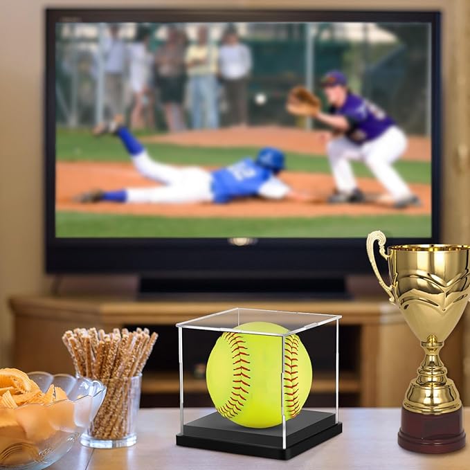 Hooqict Softball Display Case Clear Acrylic Ball Holder UV Protected Softball Case Display Box Championship Square Box for Golf Tennis Game Ball Baseball