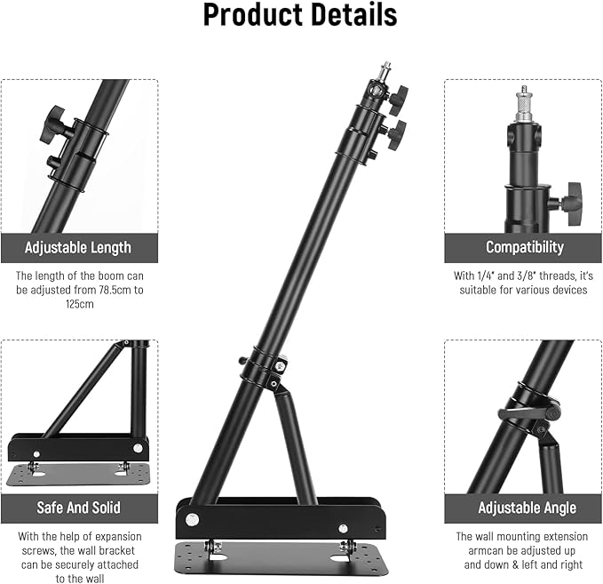 Neewer Wall Mounting Triangle Boom Arm for Photography Strobe Light, Monolight, Softbox, Umbrella, Reflector and Ring Light, Support 180 Degree Rotation, Max Length 4 Feet/125cm (Black)