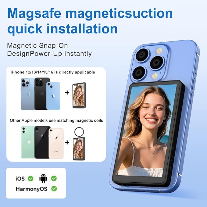 4" Vlog Selfie Monitor Screen for iPhone - Magnetic Back Camera Monitor with 4K HD, Wireless Remote, WiFi Live View & Built-in Speaker, Camera Buttons, 180° Rotation for Short Video/Live