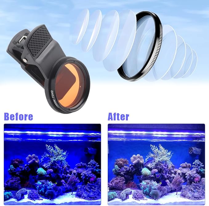 Fish Tank Photography Lens, Seawater Coral Cylinder Lens with Macro Filter Aquarium Set Yelow Orange Phone Camera Cell Underwater Diving Kit for Freshwater Universal Smartphone