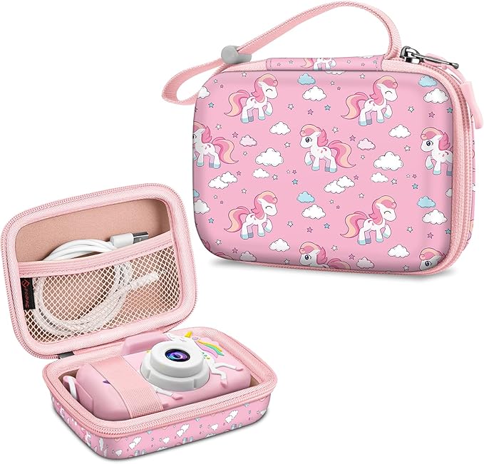 FINTIE Kids Camera Case Compatible with Goopow/Seckton/Dylanto/Mgaolo/Masterbee/CIMELR/Desuccus Kids Digital Camera Toys, Children Carrying Bag, Birthday Festival Gift, Pink Horse