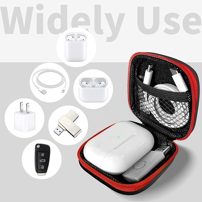 MOLOVA Square Earbud Case Portable EVA Carrying Case Storage Bag Tech Pouch Cell Phone Accessories Organizer with Carabiner for Earphone, Earbud, Earpieces, SD Memory Card, Camera Chips, Red