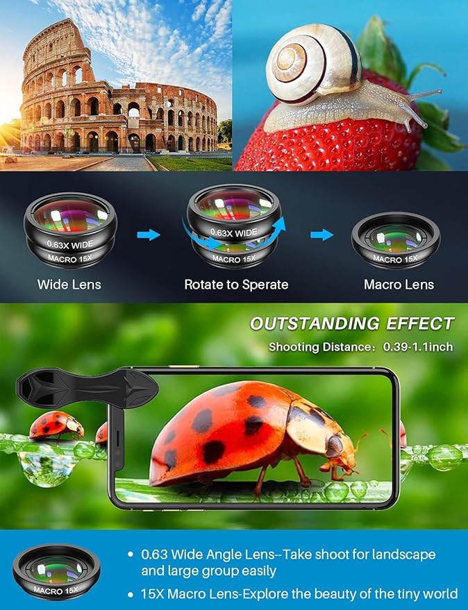MIAO LAB 10 in 1 Cell Phone Camera Lens Kit, Wide Angle Lens & Macro Lens+Fisheye Lens+Telephoto Lens+CPL/Flow/Radial/Star Filter+Kaleidoscope 3/6 Lens for iPhone Samsung Sony and Most of Smartphone
