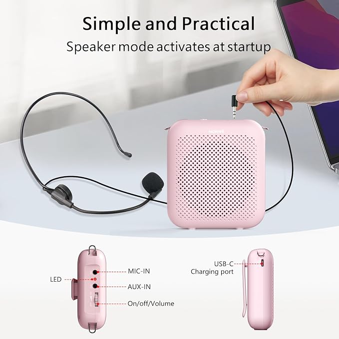 Norwii Bluetooth Voice Amplifier, Power Amplifiers, Portable Mini Wired Microphone Headset for Teacher Classroom & Outdoor Lectures, Teaching, Tour Guides, USB-C Rechargeable - 2000mAh, Pink