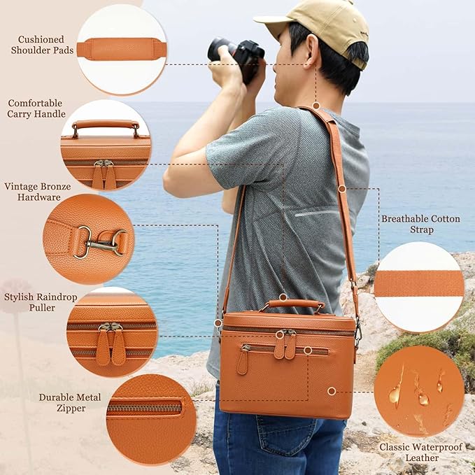 Divvia Camera Sling Bag, Waterproof PU Leather Crossbody Camera Case for Photographers, Small Shoulder Bag Compatible for Canon Nikon Sony (Brown)