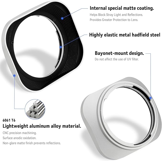 Haoge LH-ZV06 Metal Lens Hood for Zeiss Distagon T 21mm F/2.8 ZM, C Biogon T 21mm f/4.5 ZM, 25mm f/2.8 ZM, 28mm f /2.8 ZM, C Sonnar 50mm f/1.5 ZM Lens Silver