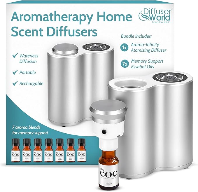 Aroma-Infinity Waterless Diffuser for Essential Oils with Memory Bundle Kit, Silver 100V-240V Portable Waterless Essential Oil Diffusers for Home, Air Aromatherapy Home Scent Diffusers