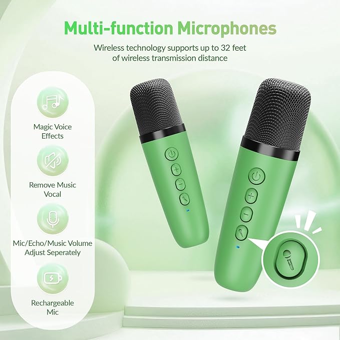Mini Karaoke Machine：Portable Bluetooth Karaoke Microphone, Singing Speaker with 2 Wireless Mic and Light Kids Adults, Christmas Birthday Gifts for Girls Boys Family Home Party(Green)