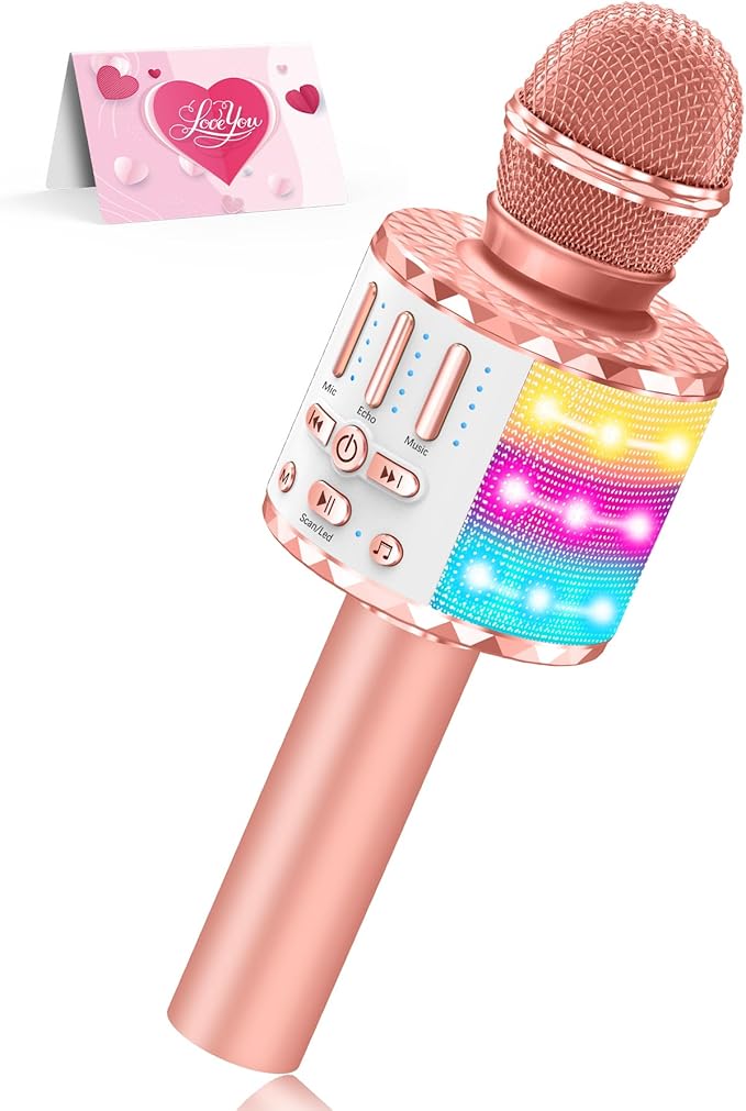 Karaoke Microphone Toys for Kids, Wireless Bluetooth Mic with Lights & Speaker, Portable Home KTV Player System, Perfect Birthday Party for 3-12 Year Old Boys & Girls