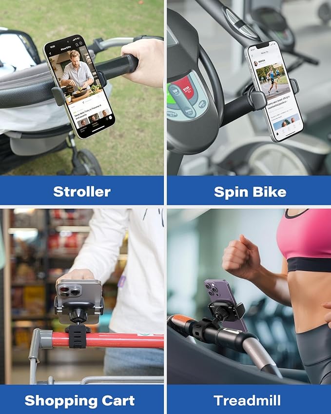 OQTIQ Phone Holder for Peloton Bike, Exercise Bike 360° Rotatable Handlebar Phone Mount with Adjustable Silicone Strap for Stroller, Shopping Cart, Gym – Fit for 4.7"-6.9" Smartphones